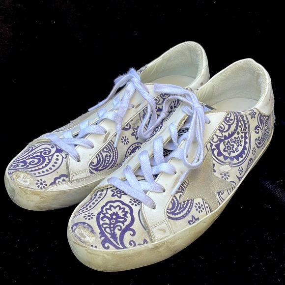 WOMENS SUPERSTAR GOLDEN GOOSE PAISLEY PRINT CANVAS LOW TOP SNEAKERS - 9 - Picture 1 of 11